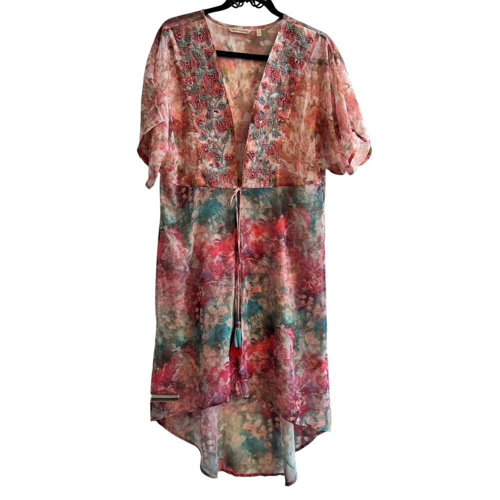 Soft Surroundings Primavera Floral Cover Up Pink Blue Sequin Beads Tassels Sz M
